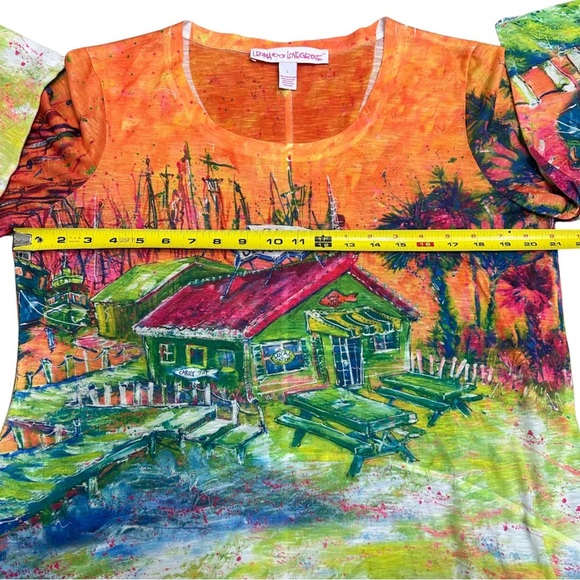 Leoma Lovegrove Colorful Tunic Top 3/4 SLV Asymmetrical Hem Large Maximalist EUC - Picture 4 of 6